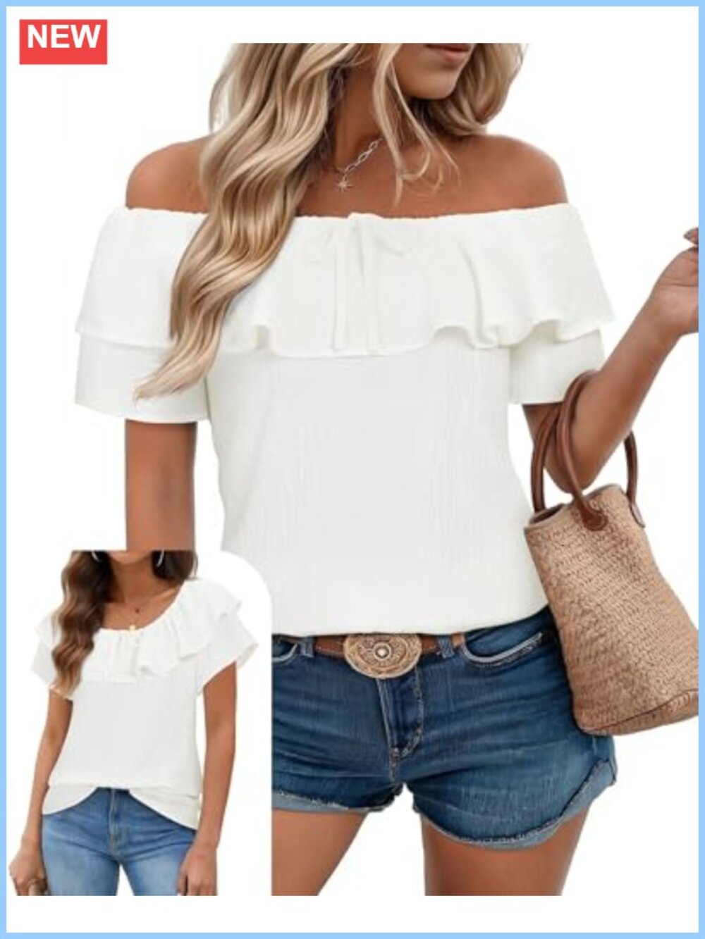 Women's Off Shoulder Chiffon Blouse Boat Neck Ruffle Short Sleeve Summer Top